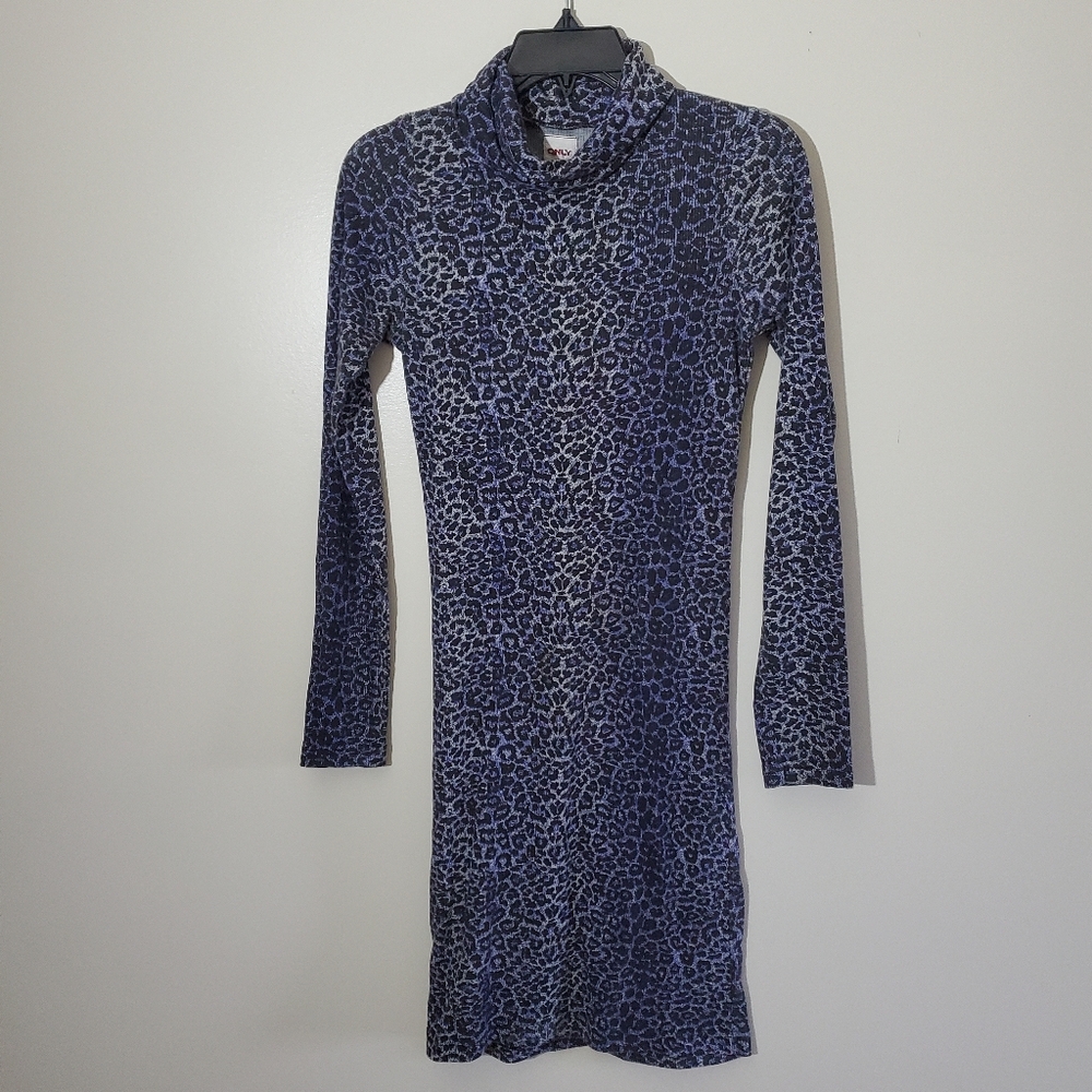 ONLY Panther Rush Purple Leopard Spot Turtleneck Mini Dress Long Sleeve SMALL